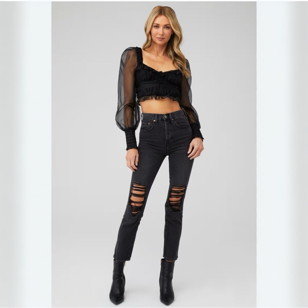 NWOT For Love and Lemons Gabrielle Sheer Sleeve Ribbon Tie Crop Top Size XS